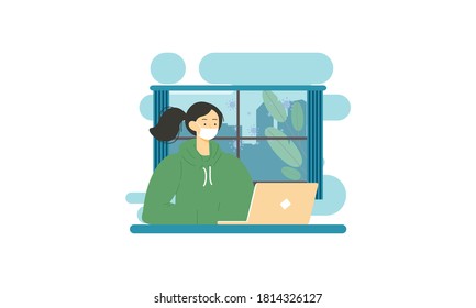 Ilustración plana del carácter trabajando en el ordenador doméstico para la prevención del virus de la corona
