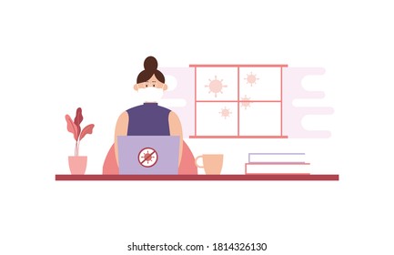 Flat illustration of character working on computer at home for prevention from corona virus