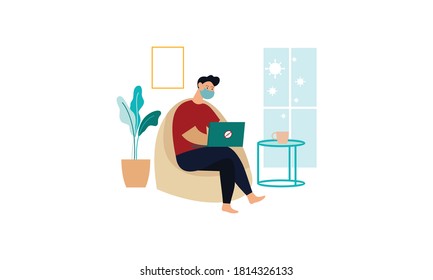 Flat illustration of character working on computer at home for prevention from corona virus