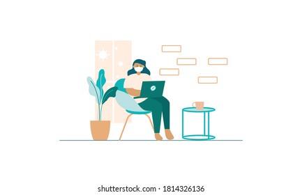 Flat illustration of character working on computer at home for prevention from corona virus