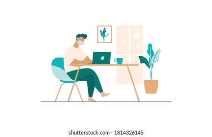Flat illustration of character working on computer at home for prevention from corona virus