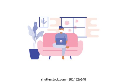 Flat illustration of character working on computer at home for prevention from corona virus