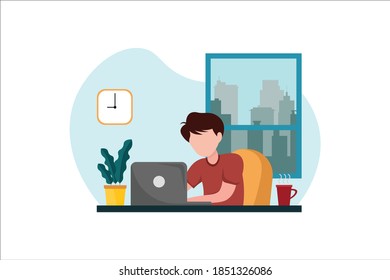 Flat illustration of character working on computer at home for prevention from corona virus.