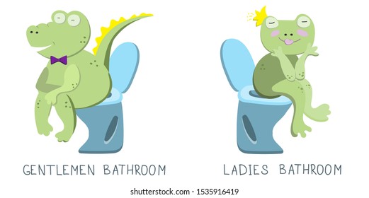Flat illustration with characters. Cute green frog and crocodile are sitting on the toilet on white background. The Restroom Symbols 