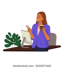 Flat illustration characters with mobile phone isolated on white background. People holding smart phones. Men, women using call devices, reading, surfing online, cellphone in hands.