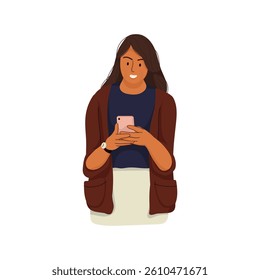 Flat illustration characters with mobile phone isolated on white background. People holding smart phones. Men, women using call devices, reading, surfing online, cellphone in hands.