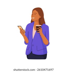 Flat illustration characters with mobile phone isolated on white background. People holding smart phones. Men, women using call devices, reading, surfing online, cellphone in hands.