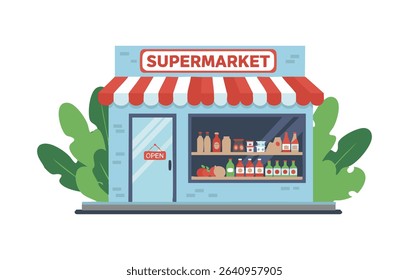 Flat Illustration A Charming Supermarket Exterior Design, Perfect for Grocery Store Branding and Marketing Materials