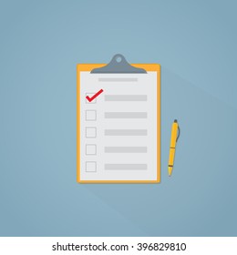 Flat illustration. Checklist with box and red mark.