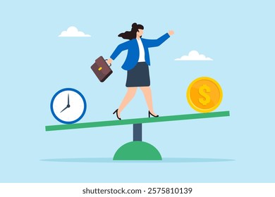 Flat illustration of cheerful businesswoman balancing clock and dollar on seesaw symbolizing time and money balance