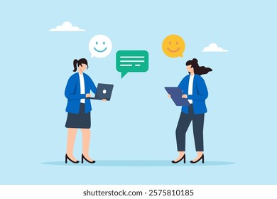 Flat illustration of cheerful businesswoman share feedback emoji with teammate symbolizing team communication and idea improvement