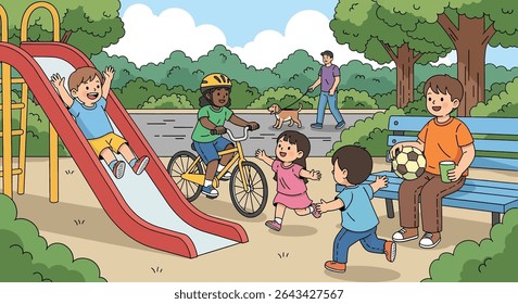flat illustration of cheerful kids enjoying various summer park activities, including sliding, biking, playing soccer, and running, under a bright sun	