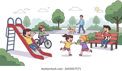 flat illustration of cheerful kids enjoying various summer park activities, including sliding, biking, playing soccer, and running, under a bright sun	