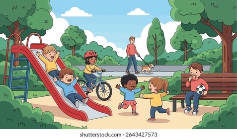 flat illustration of cheerful kids enjoying various summer park activities, including sliding, biking, playing soccer, and running, under a bright sun	