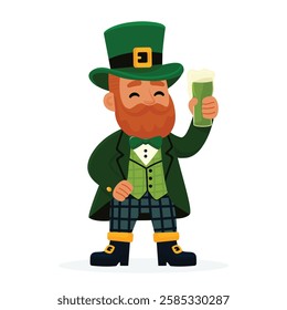 Flat  illustration of a cheerful man in a traditional St. Patrick’s Day costume holding a mug of emerald-green beer isolated on white background