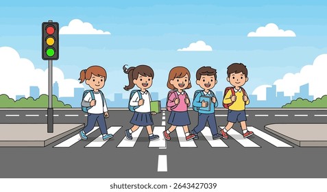 flat illustration of cheerful school kids with backpacks crossing a street at a pedestrian crossing, indicating their journey to school