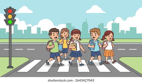 flat illustration of cheerful school kids with backpacks crossing a street at a pedestrian crossing, indicating their journey to school