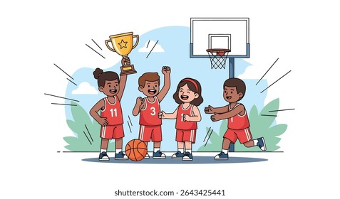 ilustração plana de uma animada equipe de basquete juvenil comemorando orgulhosamente sua vitória com um troféu brilhante e uma bola de basquete, enfatizando o trabalho em equipe e a realização
