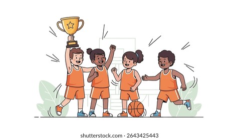 ilustração plana de uma animada equipe de basquete juvenil comemorando orgulhosamente sua vitória com um troféu brilhante e uma bola de basquete, enfatizando o trabalho em equipe e a realização