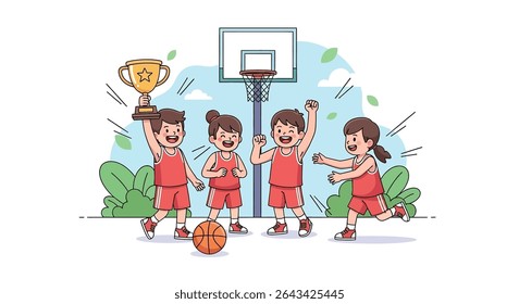 flat illustration of a cheerful youth basketball team proudly celebrating their victory with a shiny trophy and a basketball, emphasizing teamwork and achievement
