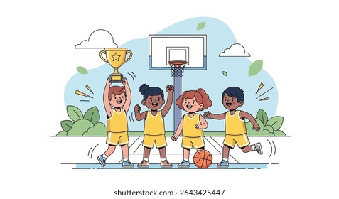 ilustração plana de uma animada equipe de basquete juvenil comemorando orgulhosamente sua vitória com um troféu brilhante e uma bola de basquete, enfatizando o trabalho em equipe e a realização