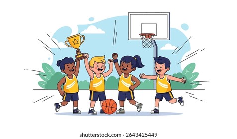 ilustração plana de uma animada equipe de basquete juvenil comemorando orgulhosamente sua vitória com um troféu brilhante e uma bola de basquete, enfatizando o trabalho em equipe e a realização