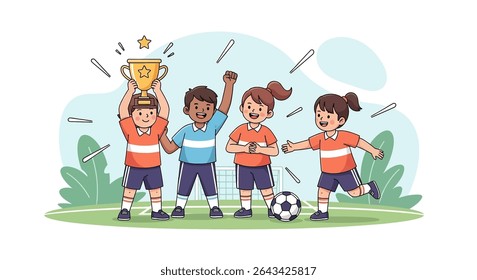 ilustração plana de uma equipe animada de futebol juvenil comemorando orgulhosamente sua vitória com um troféu brilhante e uma bola de futebol, enfatizando o trabalho em equipe e a realização