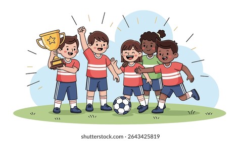 ilustração plana de uma equipe animada de futebol juvenil comemorando orgulhosamente sua vitória com um troféu brilhante e uma bola de futebol, enfatizando o trabalho em equipe e a realização