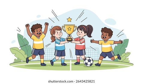 ilustração plana de uma equipe animada de futebol juvenil comemorando orgulhosamente sua vitória com um troféu brilhante e uma bola de futebol, enfatizando o trabalho em equipe e a realização