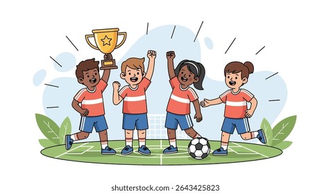 ilustração plana de uma equipe animada de futebol juvenil comemorando orgulhosamente sua vitória com um troféu brilhante e uma bola de futebol, enfatizando o trabalho em equipe e a realização