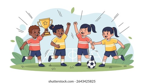 flat illustration of a cheerful youth soccer team proudly celebrating their victory with a shiny trophy and a soccer ball, emphasizing teamwork and achievement