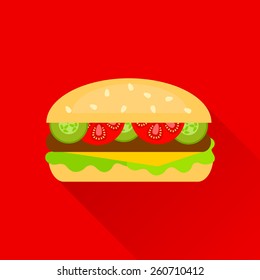 Flat illustration of cheeseburger with tomato, salad and cucumber on red background with long shadow.