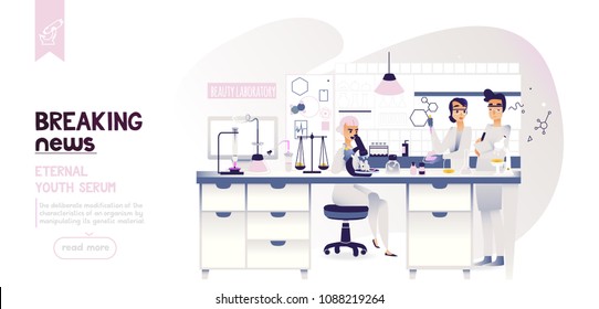 flat illustration of a chemical laboratory with test tubes and scales. a group of scientists conducts research. A woman sits on a chair and looks through a microscope. woman holding a test-tube 