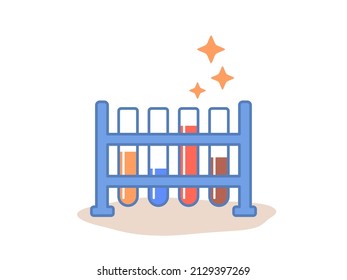 Flat illustration of chemical test tubes with colored liquids in a stand on a white background. Experiments in chemistry and biology, laboratory scientific research and discoveries. Eps10 vector.