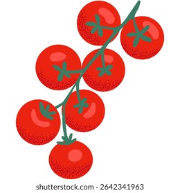 Flat illustration of a cherry tomato branch with ripe red tomatoes and green stems. Fresh and healthy food concept, perfect for designs related to gardening, farming, organic produce, summer harvest. 
