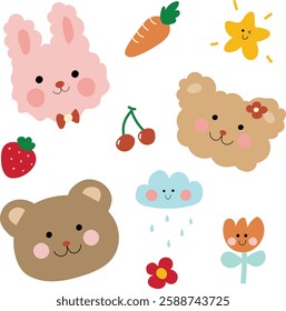 Flat illustration of chibi, fluffy, cute bunny and teddy, animal doodle