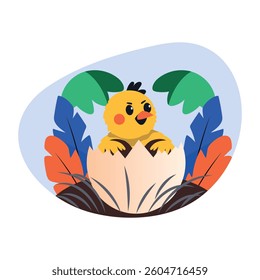 Flat illustration of a chick hatching from an easter egg 