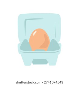 A flat illustration of a chicken egg in a blue cardboard carton. Isolated image of an ingredient for cooking or preparing for Easter