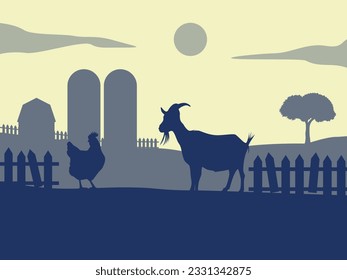 Flat Illustration of Chicken and Goat in Farm Live. Silhouette Vector Illustration.