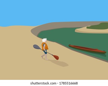 Flat illustration of child at the beach with paddle in the hand going towards the kayak