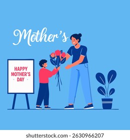 Flat illustration of a child giving flowers to mom on Mother’s Day. Heartwarming and minimal design for cards, posters, or social media