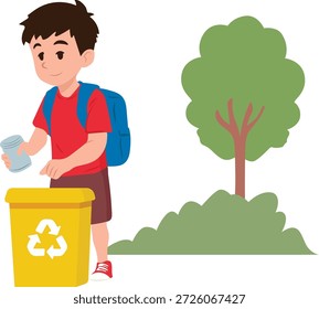 Ilustración plana de un niño colocando una botella en un contenedor de reciclaje amarillo. Concepto de educación ambiental.