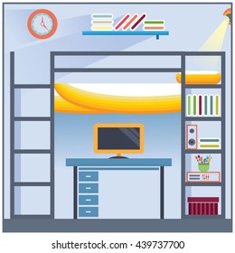 Flat illustration of children bedroom and workspace. All items are separated. Background with long shadows for web. Vector, editable.