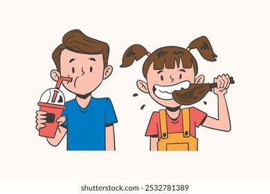 Flat illustration of children eating snacks and drinking together, childhood eating and drinking moments, fun snack time, eating and drinking with friends