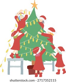 Ilustración plana de los niños elfos que decoran el árbol de Navidad juntos en casa