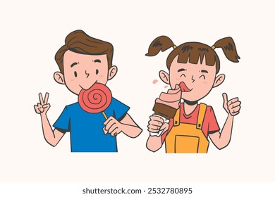 Flat illustration of children enjoying lollipop and ice cream, sweet snacks for children, childhood snacks, happy children eating candy and ice cream, happy moments for children