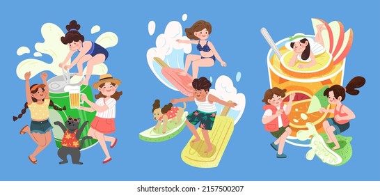 Flat illustration of children enjoying summer season. Kids drinking cold drinks, water surfing on popsicles, and dancing around icy orange juice.
