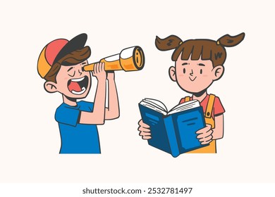 Ilustración plana de niños explorando con un telescopio y leyendo un libro, curiosidad infantil, aventura para niños, actividades divertidas de aprendizaje