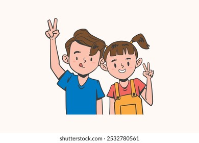 Flat illustration of children posing for peace sign, victory gesture, fun friends, joyful children showing peace sign