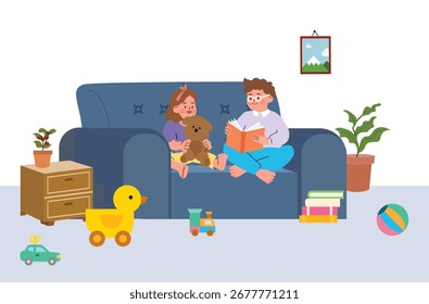Flache Abbildung von Kindern, die auf einem Sofa lesen